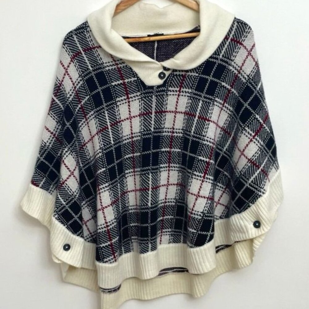 Talbots Poncho Sweater Women's S‎ Plaid Knit Academia Old Money Travel
